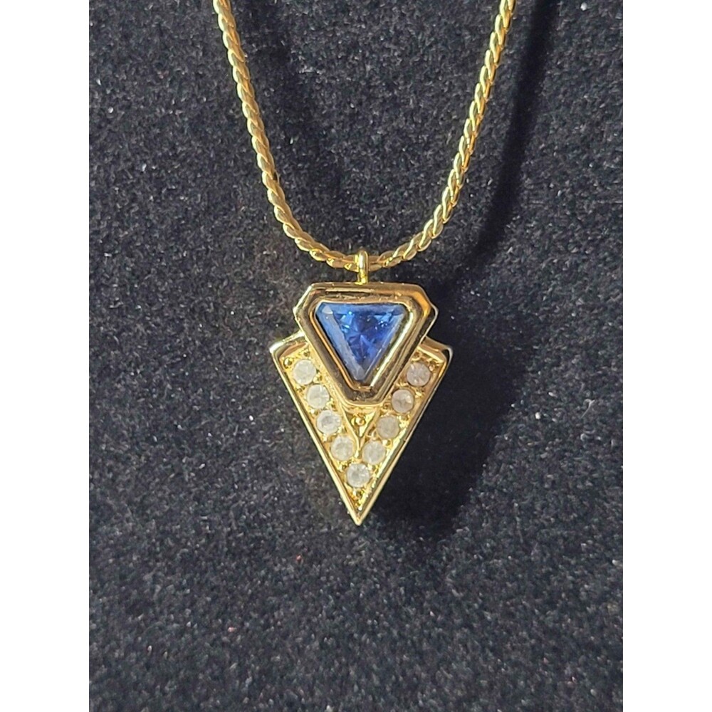 Christian Dior Blue Crystal Triangle Gold Tone Necklace 16"
